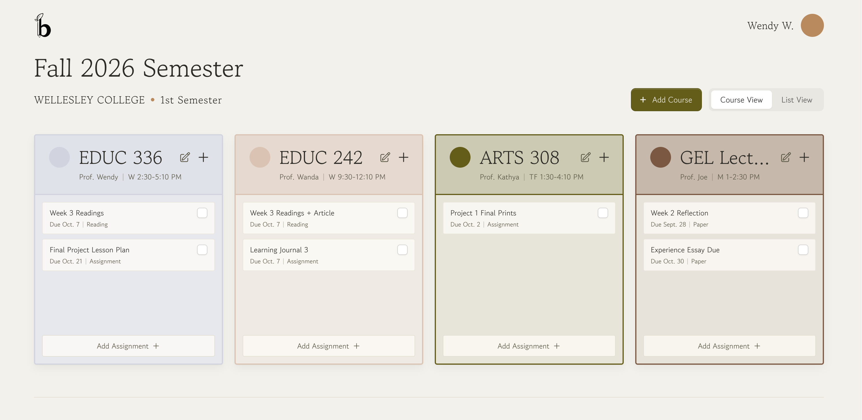Baezl's Course View dashboard, showing a semester's courses and assignments